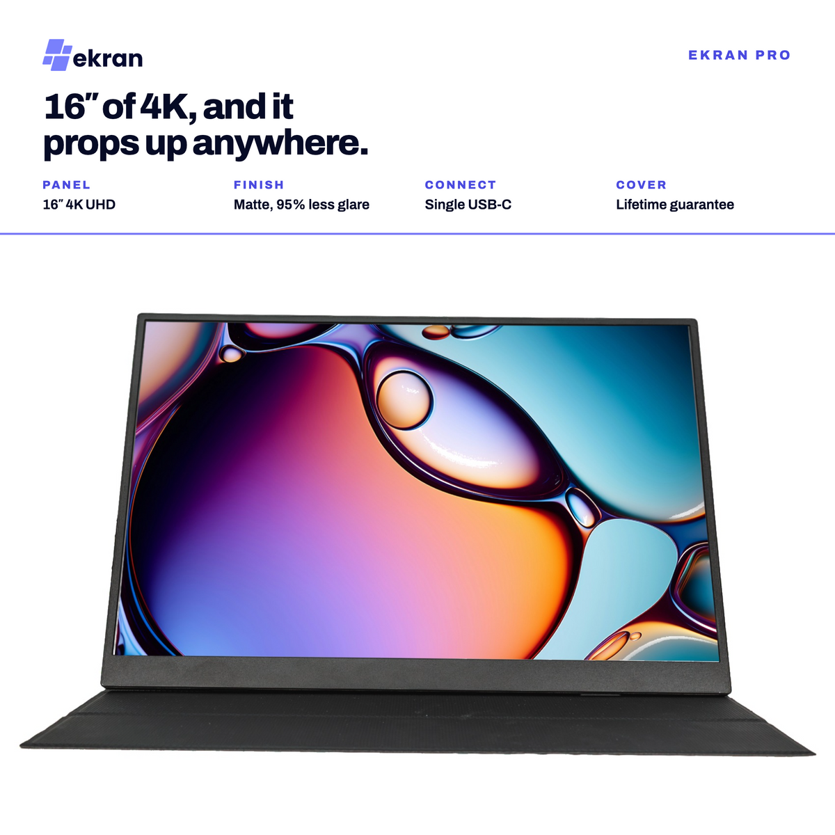 Ekran Pro 16-inch 4K laptop shown open on a white background with marketing text above it. The laptop has a matte black finish and a colorful abstract liquid display on the screen.