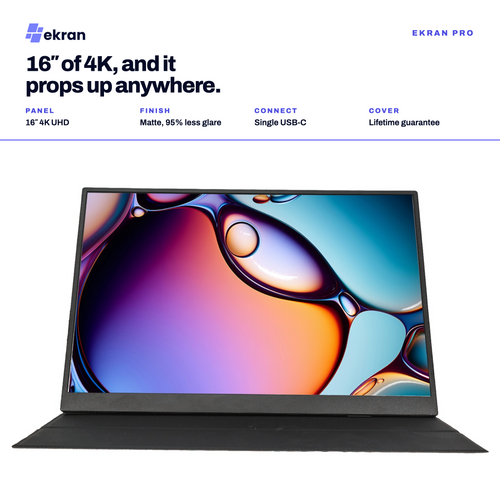Ekran Pro 16-inch 4K laptop shown open on a white background with marketing text above it. The laptop has a matte black finish and a colorful abstract liquid display on the screen.