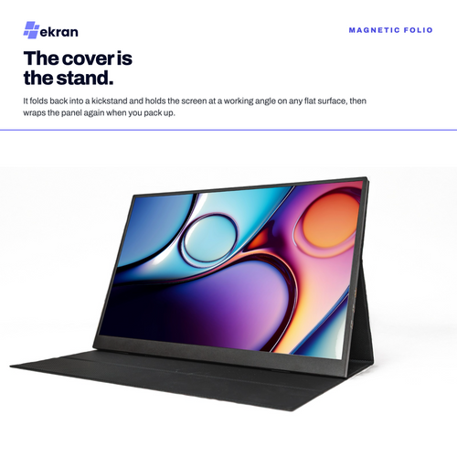 Ekran magnetic folio tablet stand shown open on a white background, with marketing text above describing the foldable cover that becomes a kickstand.