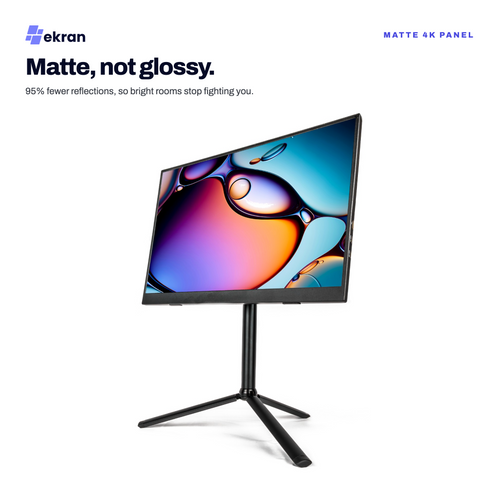Ekran matte 4K monitor on a black tripod stand against a white background, with marketing text at the top reading 'Matte, not glossy.' and 'Matte 4K Panel.
