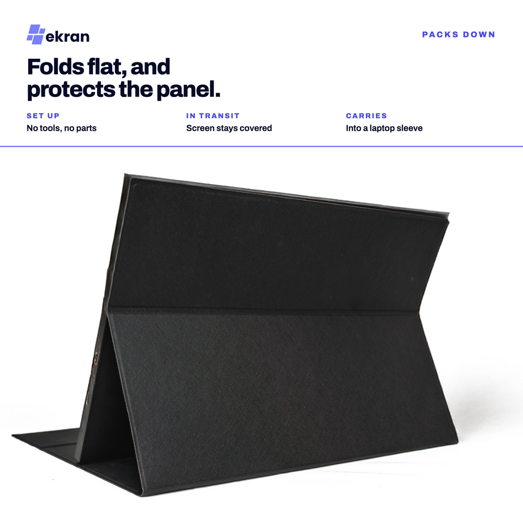 A black protective tablet case shown standing open in a laptop sleeve position on a white background, with marketing text at the top reading 'Folds flat, and protects the panel.' and 'PACKS DOWN.