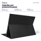 A black protective tablet case shown standing open in a laptop sleeve position on a white background, with marketing text at the top reading 'Folds flat, and protects the panel.' and 'PACKS DOWN.