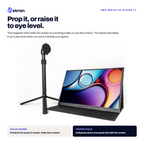 Ekran magnetic foldable monitor stand and tripod pole shown on a white background, with text explaining how to prop it or raise it to eye level and feature callouts for the folio cover and tripod pole.