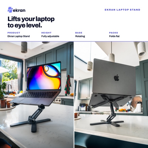 Ekran laptop stand shown in a split-panel lifestyle layout, supporting a laptop on a kitchen countertop. The left panel shows the stand angled up with a laptop on it, and the right panel shows the stand folded flat against a blurred kitchen background.